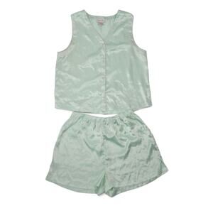 Vintage 90s Nordstrom Mint Green Satin Pajama Set Tank and Shorts M